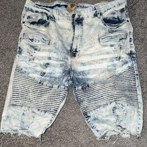 Men's Blue and White Distressed Jean Shorts
